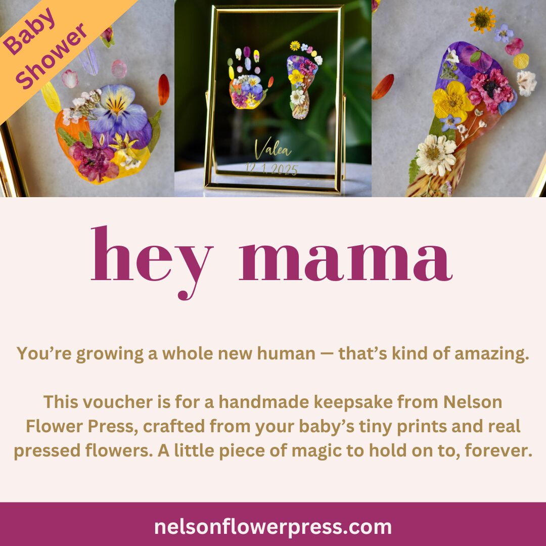 Nelson Flower Press voucher for sibling handprint keepsake with pressed flowers