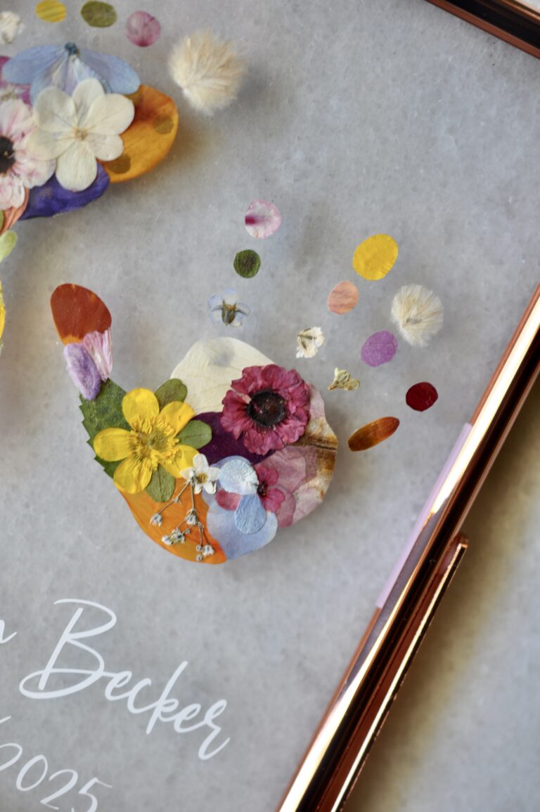 Close-up of baby handprint made out of real pressed flowers – detailed view of a custom floral baby keepsake, handmade in New Zealand
