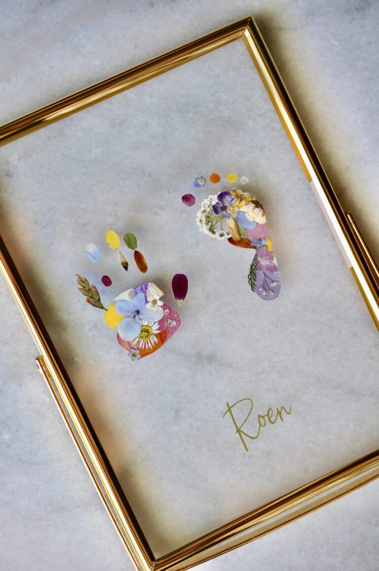 floral Stillbirth hand & footprint out of pressed flowers with name