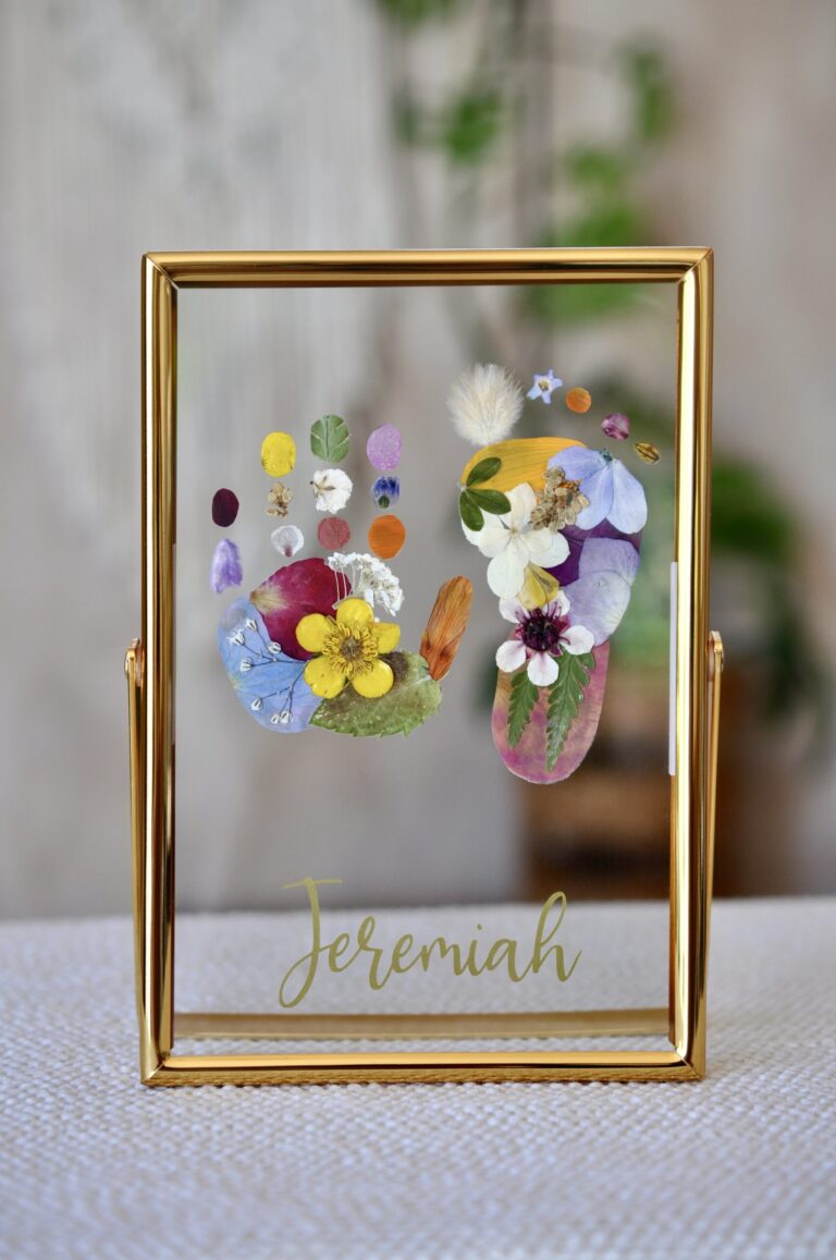 Baby Hand & Footprint Keepsake out of pressed flowers