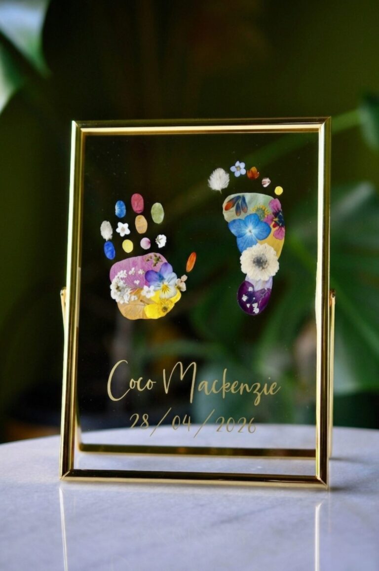 Baby Hand & Footprint made out of pressed flowers in golden frame with name writing