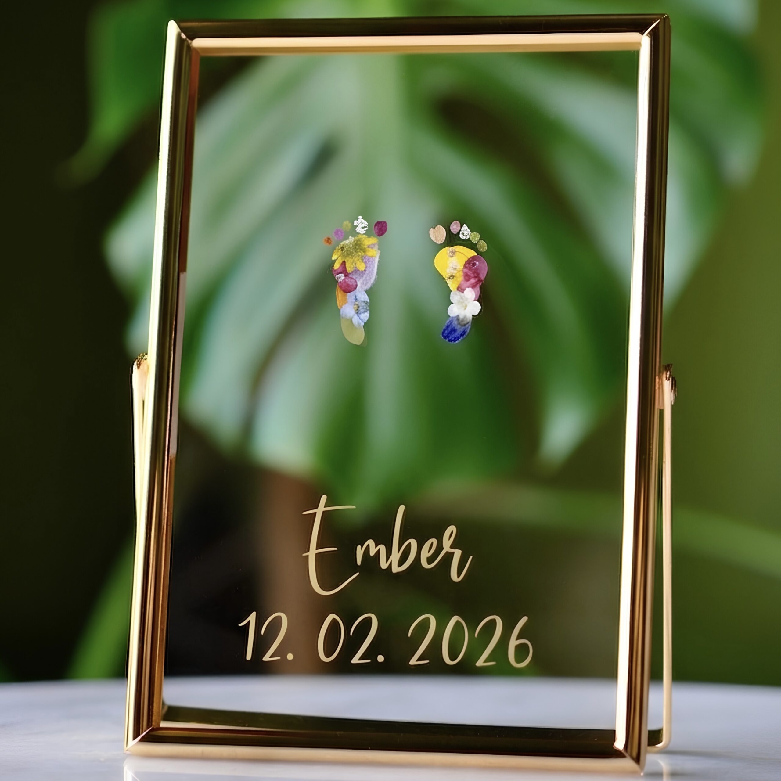 Two feet out of pressed flowers in golden gall floating frame