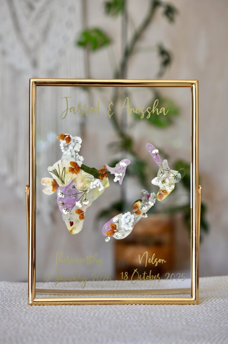 India and New Zealand Map in glass frame with wedding date text