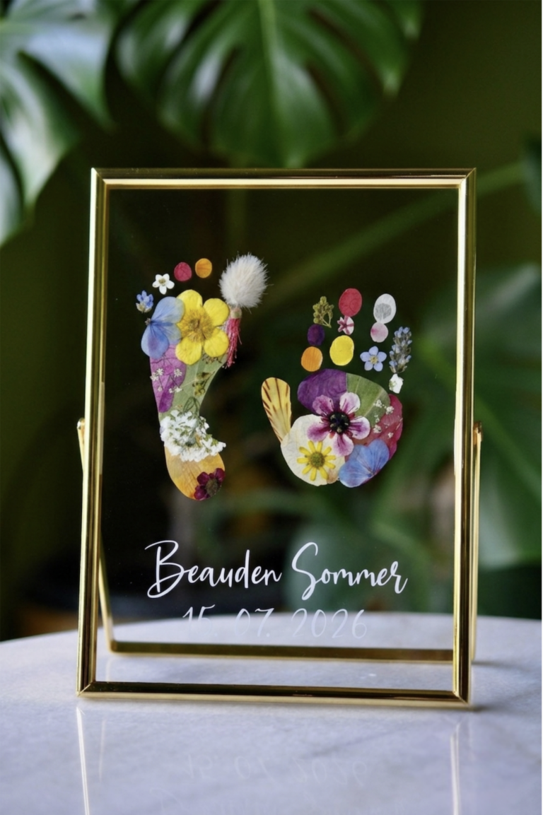 Baby Hand and Footprint made out of pressed flowers perfect as a gift