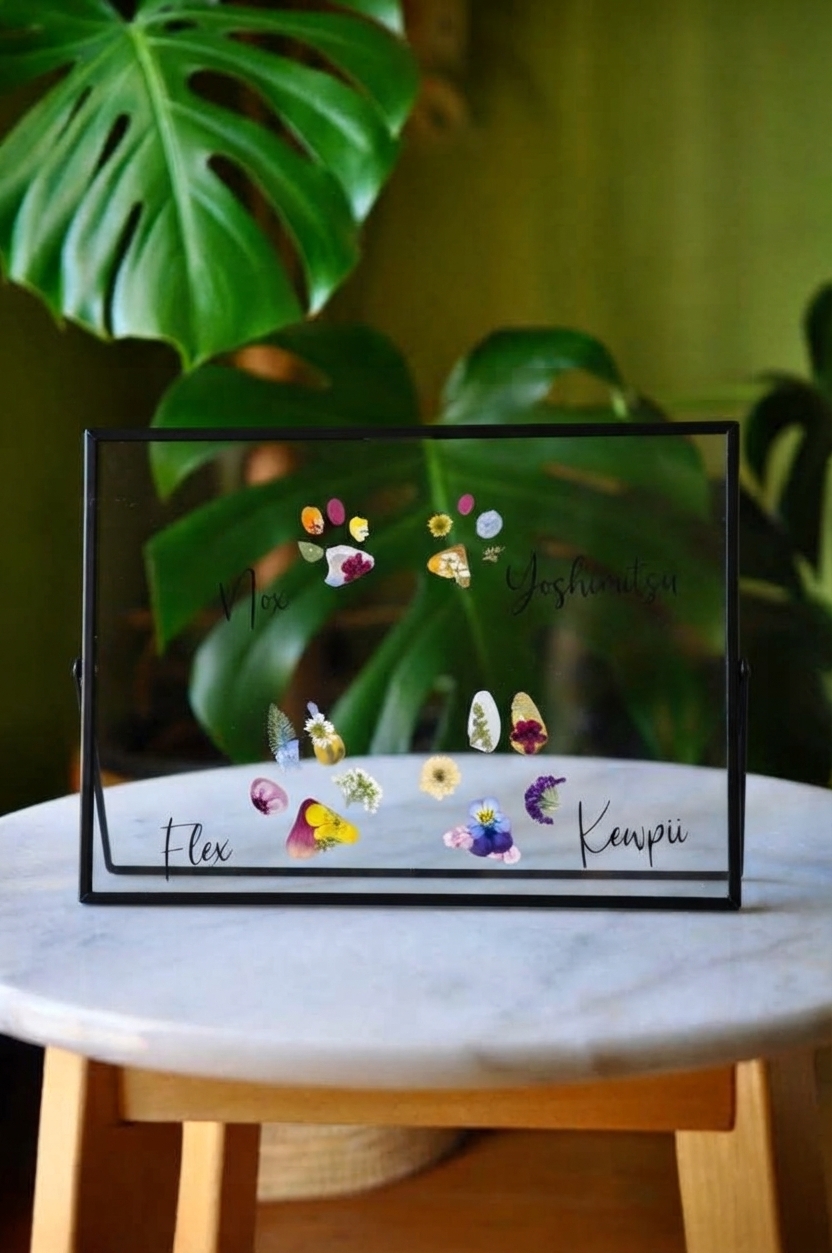 4 Paw prints out of vibrant pressed flowers in black floating frame