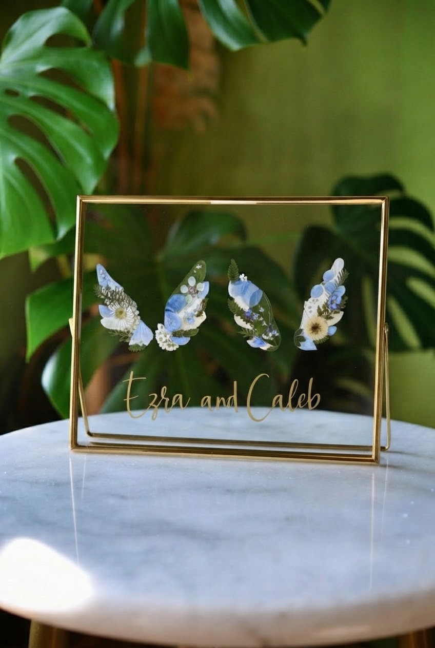 Two Angel Wings in blue, white and green flowers in golden floating frame