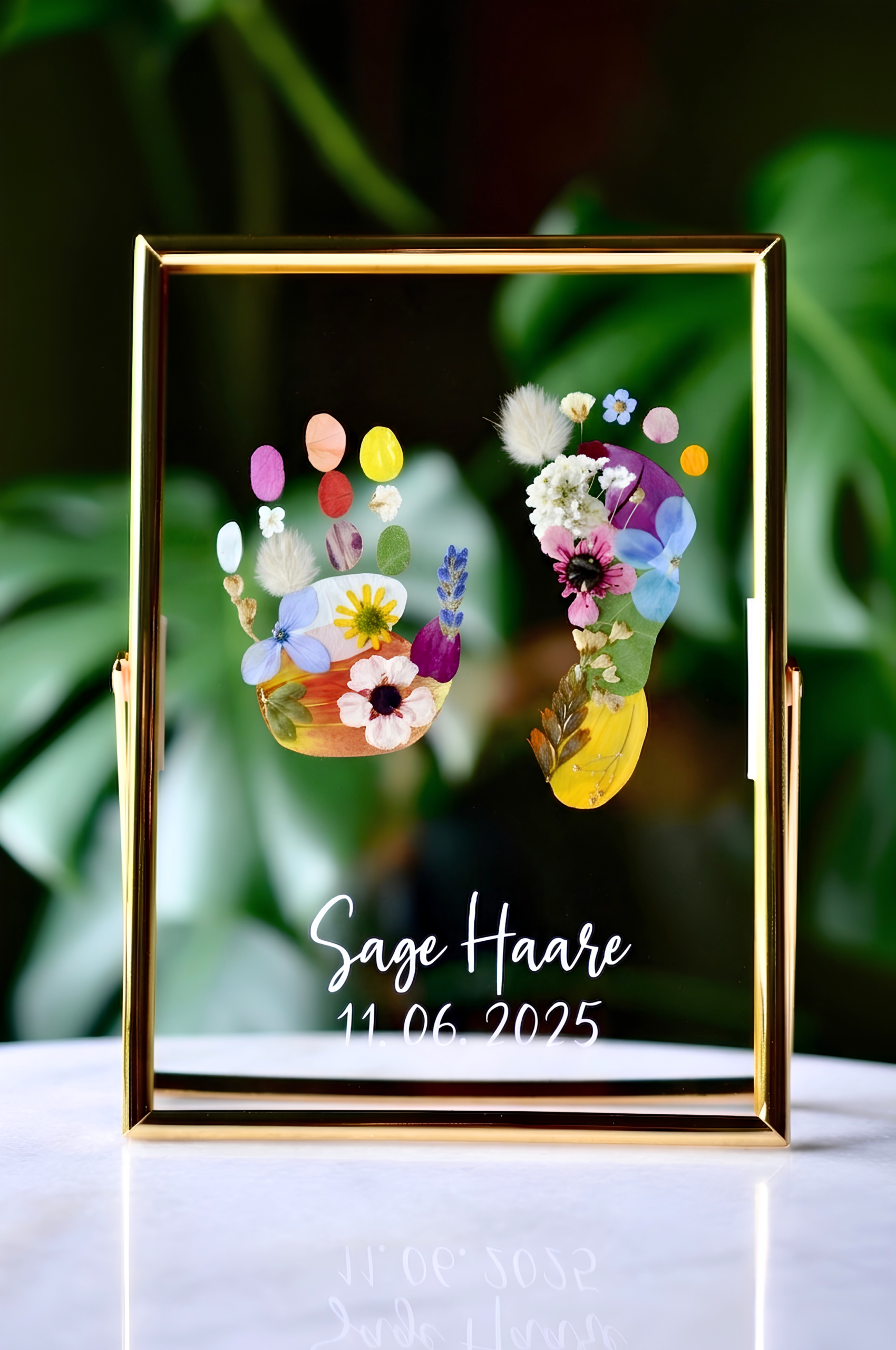 Baby Hand and Footprint out of vibrant flowers in golden frame with name and date of birth
